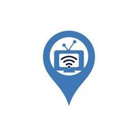 vecteur de logo de concept de forme de broche de carte tv et wifi. symbole ou icône de télévision et de signal. logo unique pour les médias et la radio