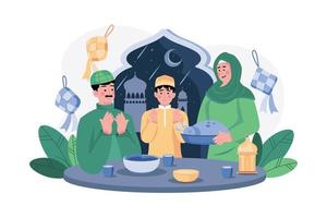 famille musulmane faisant la prière de l'Aïd faisant le dîner vecteur