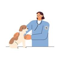 une femme vétérinaire examine un patient chien avec un stéthoscope. illustration vectorielle plane. vecteur