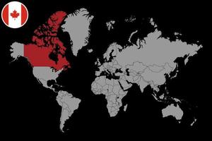 épingler la carte avec le drapeau du canada sur la carte du monde.illustration vectorielle. vecteur