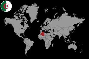 épinglez la carte avec le drapeau de l'algérie sur la carte du monde. illustration vectorielle. vecteur