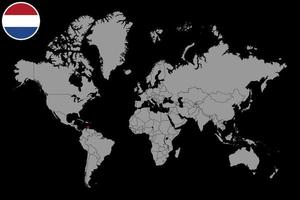 épinglez la carte avec le drapeau des pays-bas des caraïbes sur la carte du monde. illustration vectorielle. vecteur