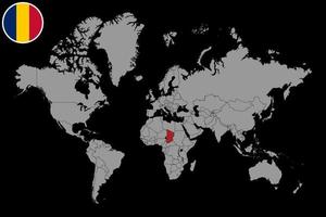 épinglez la carte avec le drapeau du tchad sur la carte du monde. illustration vectorielle. vecteur