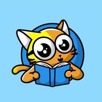 création de logo de mascotte de dessin animé de livre de lecture de chat mignon, style design plat vecteur