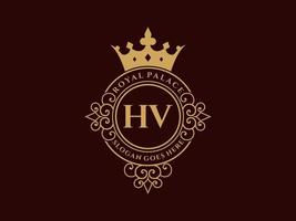 lettre hv logo victorien de luxe royal antique avec cadre ornemental. vecteur