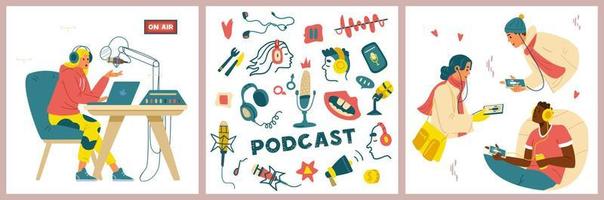 podcast ensemble de cartes vectorielles plates avec une femme enregistrant un podcast, des personnes dans des écouteurs écoutant de l'audio, un ensemble d'éléments. vecteur