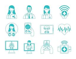 médecin en ligne, médecin consultant en technologie ensemble d'icônes médicales, icône de style de ligne vecteur