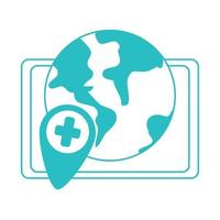 médecin en ligne, consultant mondial en informatique tablette médical covid 19, icône de style de ligne vecteur