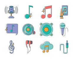 les icônes audio du son de la mélodie de la musique définissent le style de ligne et de remplissage vecteur