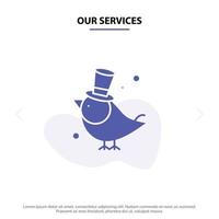 nos services oiseau voler animal de compagnie moineau icône de glyphe solide modèle de carte web vecteur