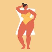 une figure féminine de type sablier. fille potelée de dessin animé dans un maillot de bain jaune sans bretelles. illustration vectorielle stock d'une femme aux épaules larges isolées. vecteur