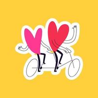 autocollant dessiné doodle coeurs sur un vélo double. un couple amoureux fait du vélo abstrait sur fond jaune. illustration vectorielle d'autocollant de la saint-valentin. vecteur