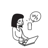 agent de service client doodle dessiné à la main avec illustration d'ordinateur portable et de téléphone vecteur