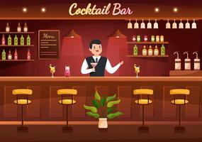 bar à cocktails ou discothèque avec des amis qui traînent avec des jus de fruits alcoolisés ou des cocktails sur une illustration de modèle de dessin animé dessiné à la main vecteur