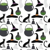 modèle sans couture de vecteur halloween. pot avec potion verte, chapeau, chat, fantôme, tombe. conception pour la décoration d'halloween, textile, papier d'emballage, papiers peints, autocollants, cartes de voeux.