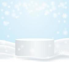 affichage des produits de la saison d'hiver. conception avec podium et flocons de neige blancs sur fond de neige. vecteur. vecteur