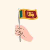 main de dessin animé tenant le drapeau sri lankais, dessin simple. drapeau du sri lanka, ceylan, illustration de concept, vecteur isolé de conception plate.
