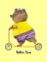 affiche à l'aquarelle avec un mignon ours en peluche marron à cheval sur un scooter orange sur fond jaune. ours de dessin animé sur le scooter. affiche de garçon de rouleau vecteur