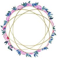 cadre rond doré avec roses roses, dessin floral, monogramme de mariage, illustrations à l'aquarelle cartes de vœux vecteur