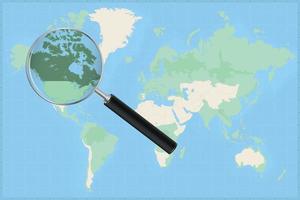 carte du monde avec une loupe sur une carte du canada. vecteur