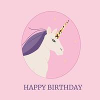 carte d'anniversaire licorne avec corne d'or dans un cadre rose vecteur