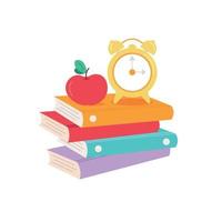 livres, pomme, réveil. conception de l'école. illustration vectorielle sur fond blanc vecteur