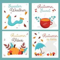 un ensemble de cartes de voeux d'automne en bleu, jaune et rouge. la saison des pulls. doux automne. vibration de l'automne. l'automne ici. vecteur