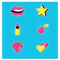autocollants pop-art. lèvres, rouge à lèvres, rubis, bombe, coeur, étoile. Contexte. ancien vecteur
