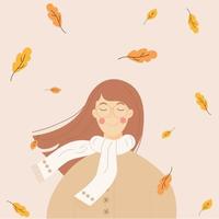 une fille d'automne aux cheveux bruns avec des feuilles qui tombent dans une veste beige et une écharpe blanche. vecteur
