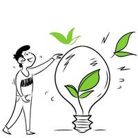 doodle personne tenant une ampoule avec une plante à l'intérieur d'un style dessiné à la main vecteur