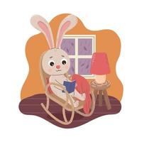 lapin de dessin animé est assis sur une chaise près de la fenêtre et lit un livre dans un style plat vecteur