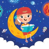enfant assis sur la lune et lisant un livre vecteur