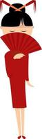 fille avec ventilateur rouge, illustration, vecteur sur fond blanc.