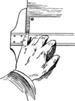 position de maintien en t à l'aide des doigts sur la lame, portes de placard en miroir et buanderie commune, gravure vintage. vecteur