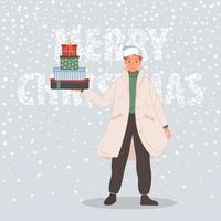 homme heureux avec des cadeaux de Noël. homme portant en bonnet de noel sur fond de neige concept de joyeux noël. illustration vectorielle vecteur