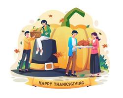 les gens célèbrent le jour de Thanksgiving en partageant de la nourriture, de la citrouille et de la dinde rôtie. illustration vectorielle vecteur