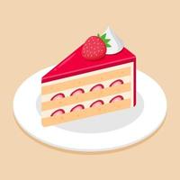 tranche de gâteau aux fraises sur la garniture avec une fraise sur un plat ou une assiette. délicieux concept de dessert sucré. icône de nourriture isométrique. illustration vectorielle de dessin animé mignon. symbole de l'élément de bonbons. carte du café. vecteur