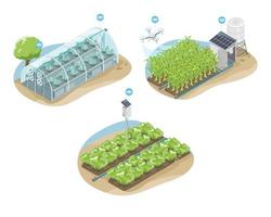 smart farm iot concept symboles cellule solaire pompe à eau et drone système agricole équipement écologie pour schéma agricole isométrique vecteur