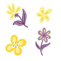 un ensemble d'illustrations vectorielles avec des brindilles de feuilles violettes et des baies et des fleurs jaune pâle dans un style doodle fait main sur fond blanc. illustration botanique pour cartes postales, cadeaux, vacances vecteur