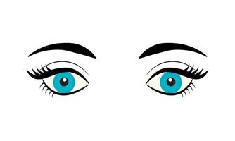 bel oeil féminin bleu avec cils et sourcils isolés sur fond blanc. logo de style plat. icône yeux de dessin animé. illustration vectorielle pour les salons de beauté, les magasins de cosmétiques, les maquilleurs. vecteur