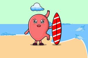 personnage de dessin animé mignon estomac jouant au surf vecteur