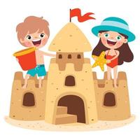 enfants jouant avec un château de sable vecteur
