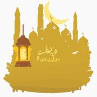 styles de coups de pinceau modifiables d'illustration vectorielle de lanterne arabe avec la silhouette de la mosquée et le croissant de lune ajoutés avec l'écriture arabe du ramadan pour le concept de conception de thème islamique vecteur