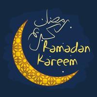 illustration vectorielle modifiable du croissant de lune à motifs avec écriture arabe du ramadan kareem et étoiles aux styles de coups de pinceau du ciel de la scène nocturne vecteur