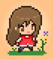 Une fille pixel 8 bits a vu des fleurs, des pixels princesse pour les actifs du jeu et des motifs de point de croix dans les illustrations vectorielles. vecteur