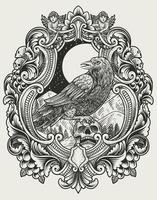 illustration vintage effrayant corbeau avec style de gravure vecteur