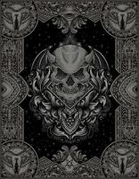 illustration de crâne de démon avec style ornement de gravure vecteur