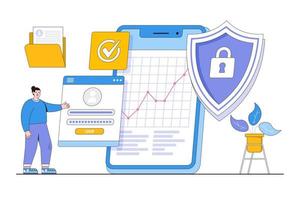 sécurité des appareils mobiles plats avec concept de mot de passe. illustration vectorielle minimale de style de conception de contour vecteur