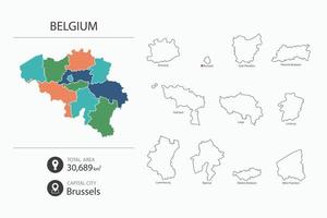 carte de la belgique avec carte détaillée du pays. éléments cartographiques des villes, des zones totales et de la capitale. vecteur