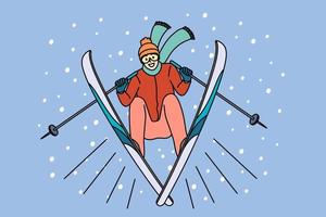 activités d'hiver et concept sportif. jeune homme souriant athlète skieur en vêtements de sport va faire du ski en hiver en s'amusant illustration vectorielle vecteur